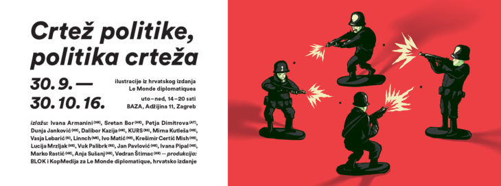 u kulturnom prostoru na Trešnjevci, od kraja siječnja ove godine službeno poznatom pod nazivom BAZA, otvorena je izložba ilustracija iz hrvatskog izdanja Le Monde diplomatiquea Crtež politike, politika crteža.