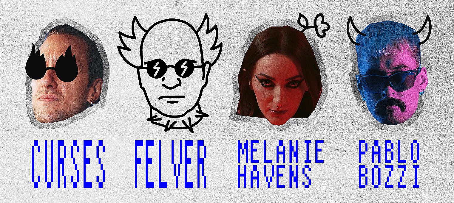 Illustration of Planet srijeda: Pablo Bozzi, Curses, Melanie Havens, Felver on grey background as a promotional flyer for a DJ night