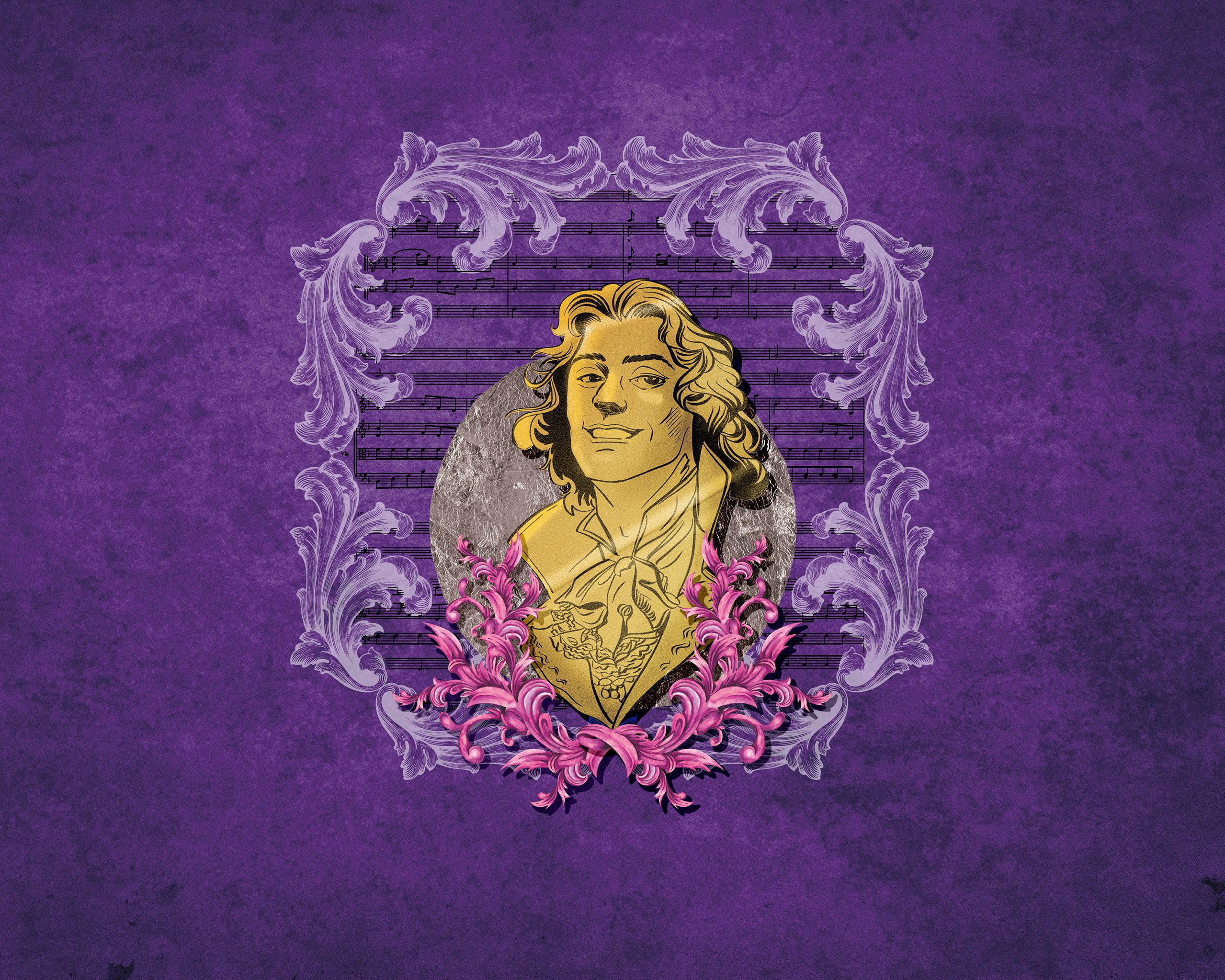 This illustration features a stylized portrait of a distinguished man with a confident expression, set against a purple textured background. The man's image is surrounded by ornate, baroque-style scrollwork in shades of white and pink, creating an elegant frame. Behind the portrait, there are faint music notes, adding a musical theme to the design. The overall aesthetic is classical and sophisticated, with a rich color palette dominated by purples and golds.